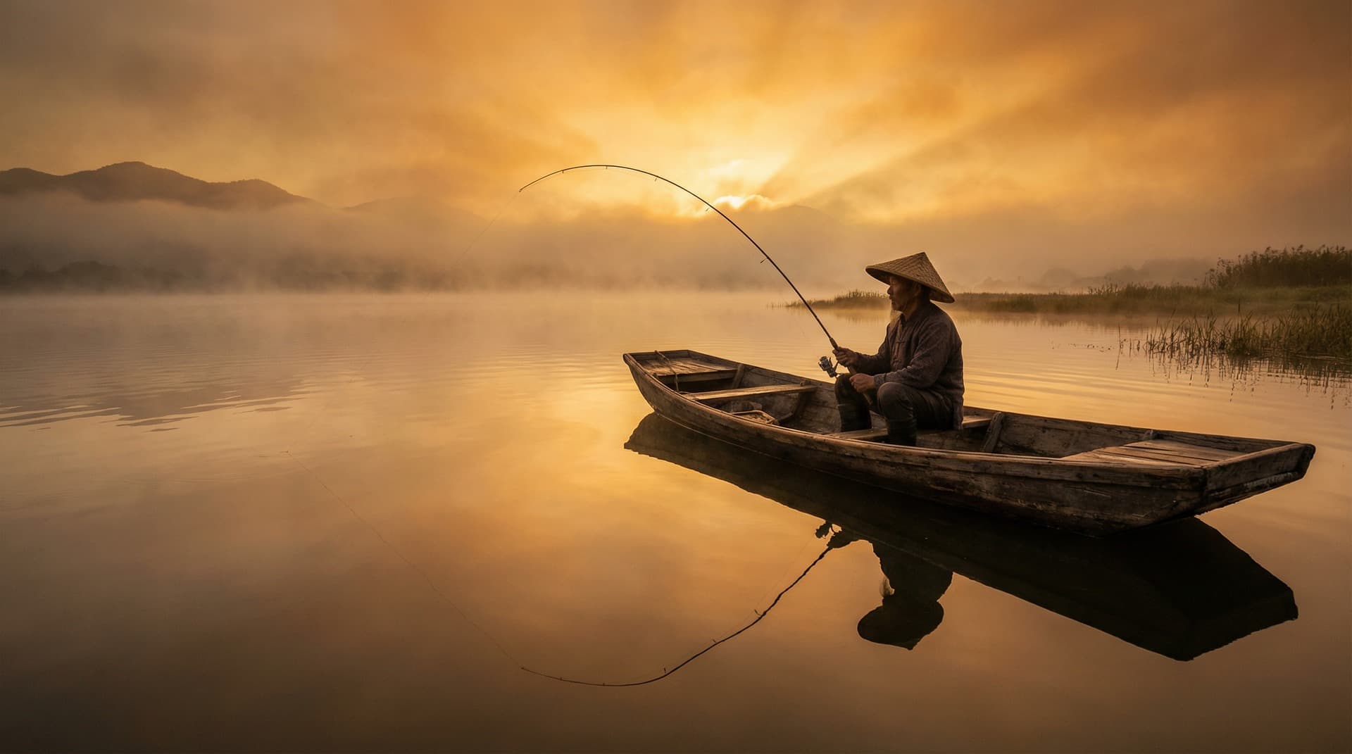 湖边日出垂钓